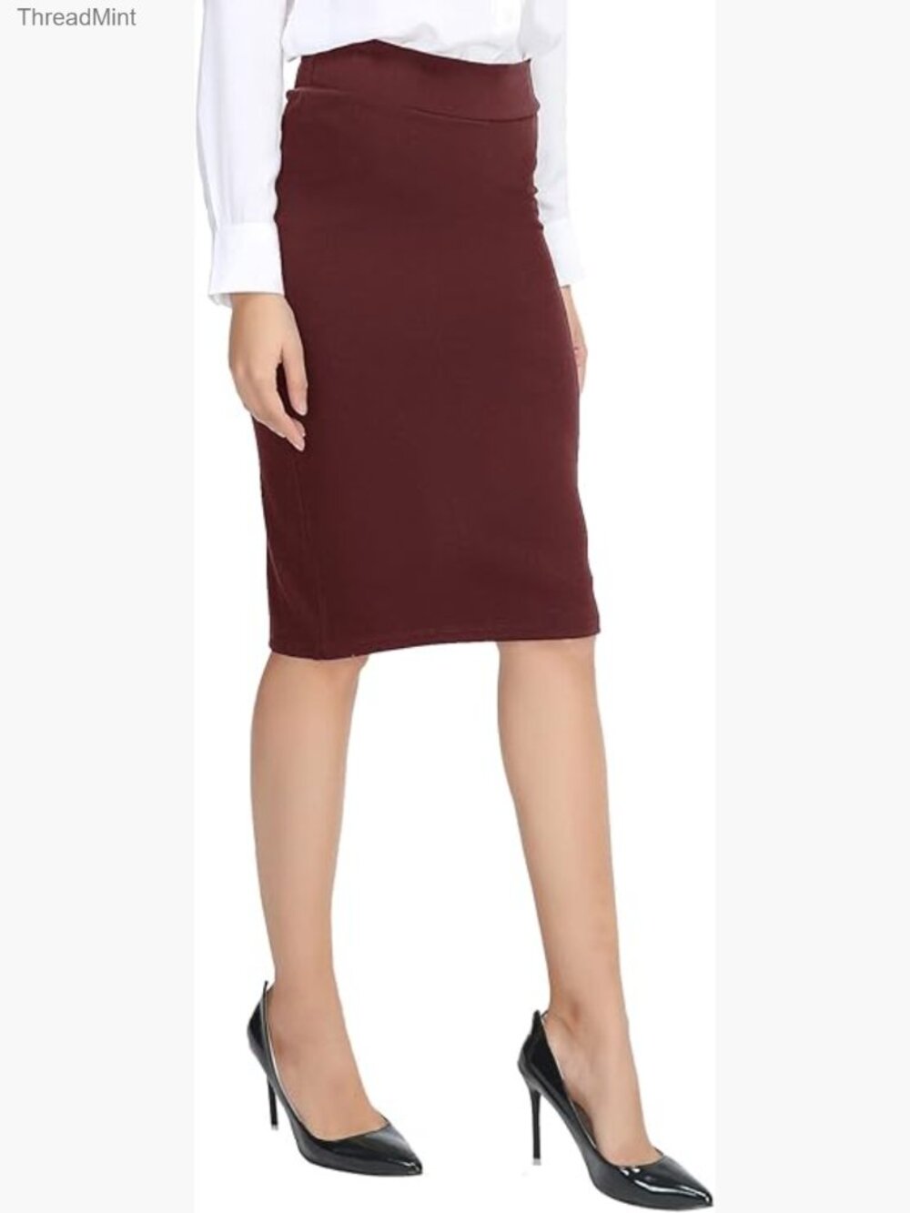 Elastic Waist Stretch Bodycon Midi Pencil Skirt High Rise
